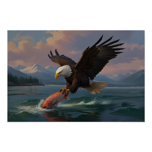 Póster Águila calva captura un salmón al atardecer (Anverso)