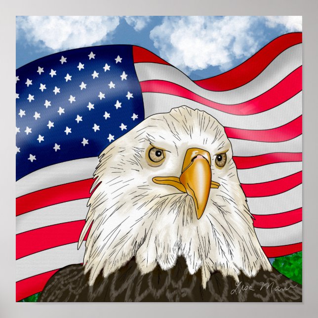 Póster Águila calva con fondo de bandera estadounidense (Frente)