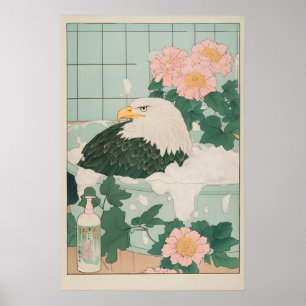 Póster Águila Calva en Bañera Estampa Ukiyo-e Japonesa