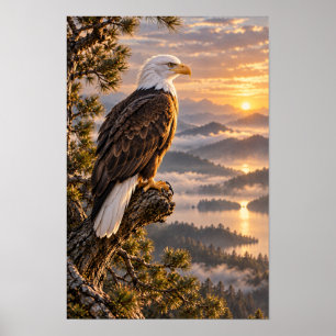 Póster Águila calva en pared de vida silvestre al atardec