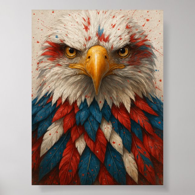 Póster Águila calva patriótica con plumas azules rojas (Frente)