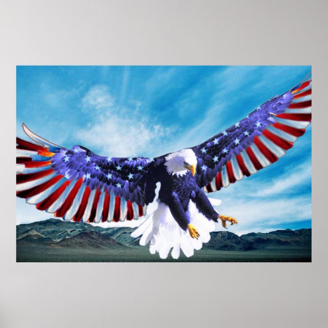 Póster Águila calva volando en el cielo con una bandera e (Frente)