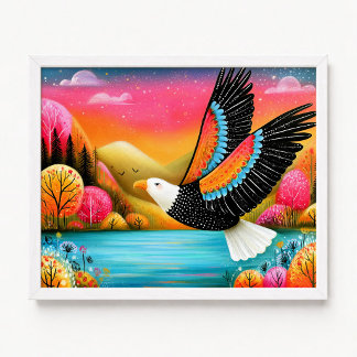 Póster Águila calva volando pintura floral rosa naranja