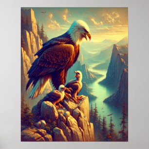 Póster Águila encaramada en la roca con sus bebés 16x20