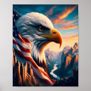 Póster Águila majestuosa combinada con bandera estadounid