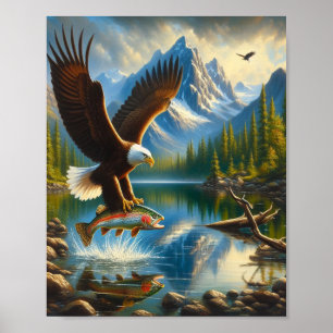 Póster Águila majestuosa que captura una trucha de lago 8