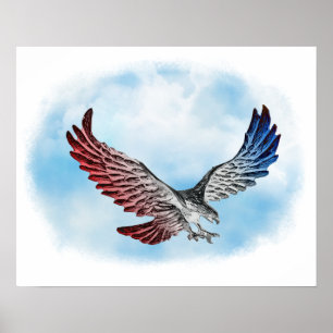 Póster Águila roja blanca y azul en las nubes