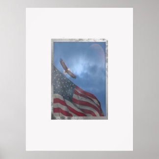 Póster Águila volando con la luna y la bandera estadounid