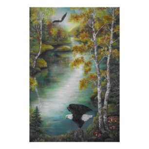 Póster Águilas en la pintura al óleo del lago montañoso d