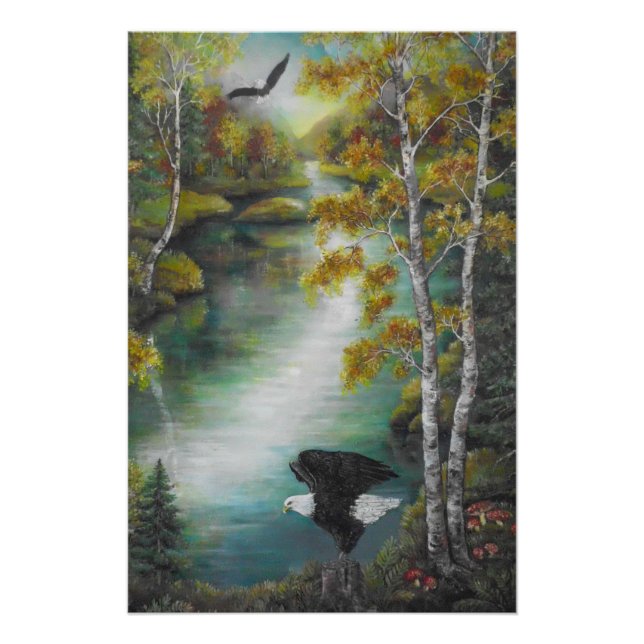 Póster Águilas en la pintura al óleo del lago montañoso d (Anverso)