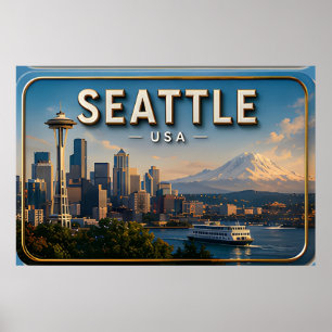Póster Aguja Espacial de Seattle y Monte Rainier 