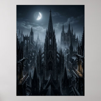 Póster Agujas de la ciudad gótica iluminadas por la luna