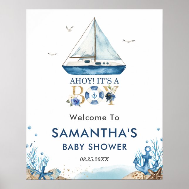 Póster Ahoy: Bienvenida de Baby Shower a un niño náutico (Frente)