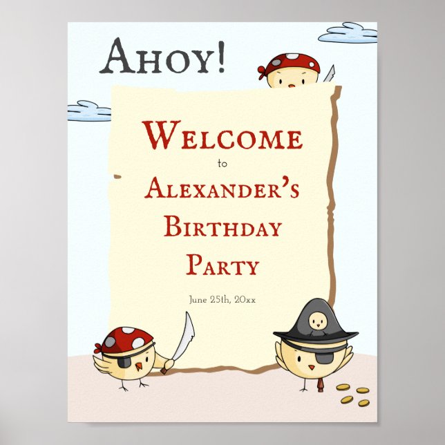 Póster Ahoy Bird Pirate Tema Bienvenida cumpleaños (Frente)