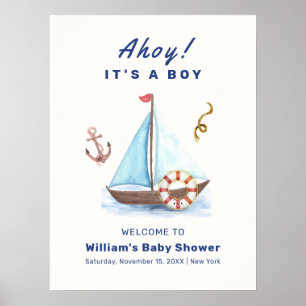 Póster Ahoy Boy Nautical Sailboat Baby Shower Bienvenida
