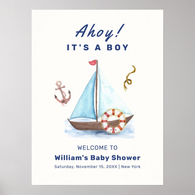 Póster Ahoy Boy Nautical Sailboat Baby Shower Bienvenida (Frente)