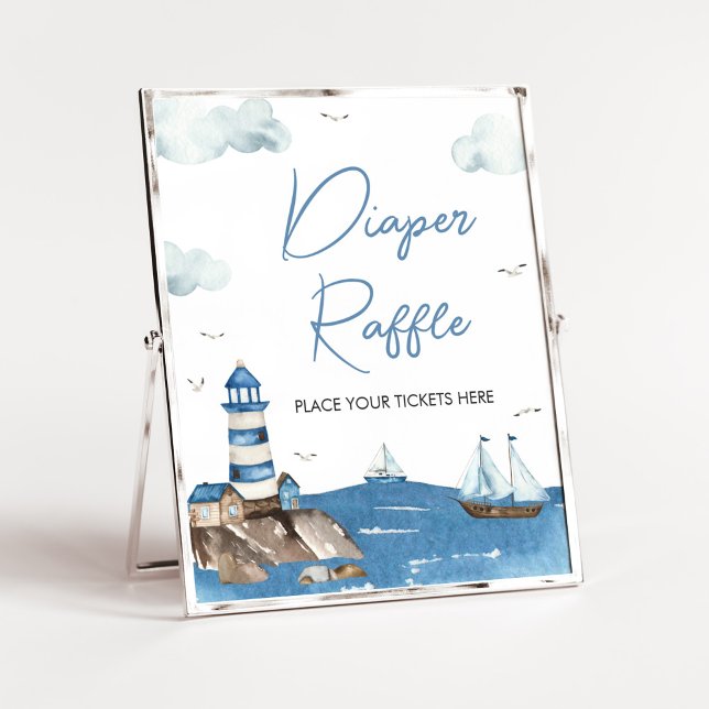 Póster Ahoy es un chico Nautical Baby Shower Diaper Raffl (Blue Boy Baby Shower Diaper Raffle Sign)