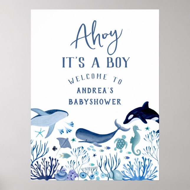 Póster Ahoy es un niño azul bajo el mar Baby Shower (Frente)