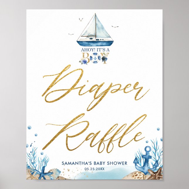 Póster Ahoy It's a Boy Nautical Baby Shower Diaper Raffle (Frente)