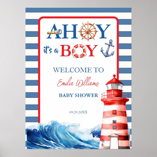 Póster Ahoy Niño Faro Azul Rojo Fiesta de Bebé (Frente)