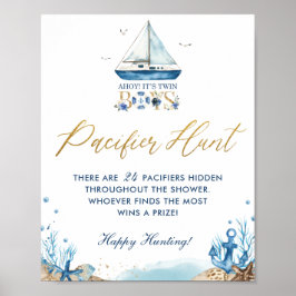 Póster Ahoy Twin Boys Nautical Baby Shower Pacifier Hunt