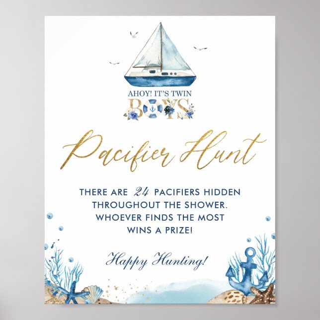 Póster Ahoy Twin Boys Nautical Baby Shower Pacifier Hunt (Frente)