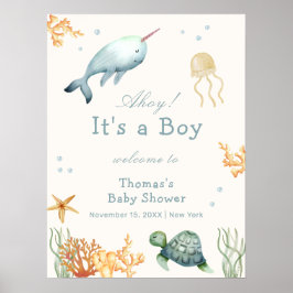 Póster Ahoy Under the Sea Whale Boy Bienvenida Baby Showe