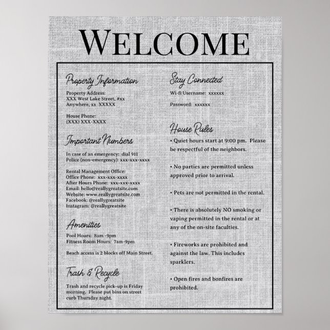 Póster Airbnb Rótulo de Información de Alquiler de Vacaci (Frente)