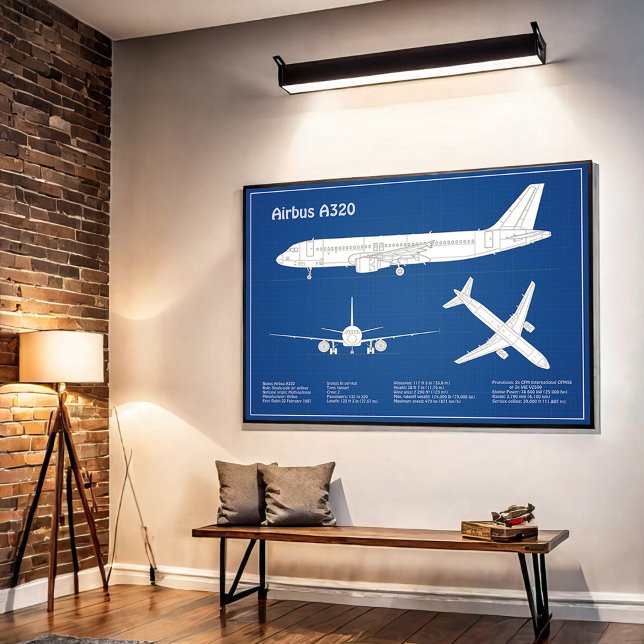 Póster Airbus A320 - Planos de Dibujo de Aviones Planes A (Airbus A320 - Airplane Blueprint Drawing Plans ABD. Poster)