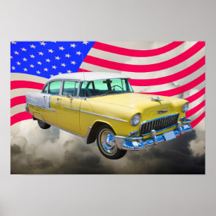 Póster Aire De Bel De Chevrolet De 1955 Con Bandera Estad