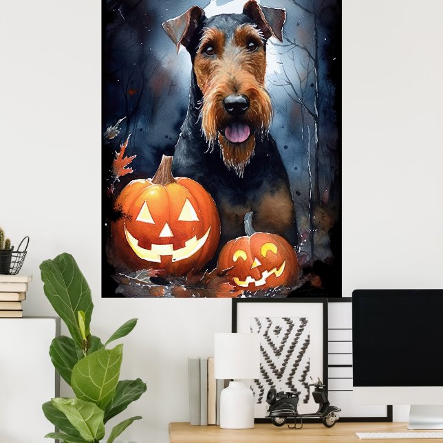 Póster Airedale de Halloween con calabazas aterradoras (Oficina en casa)