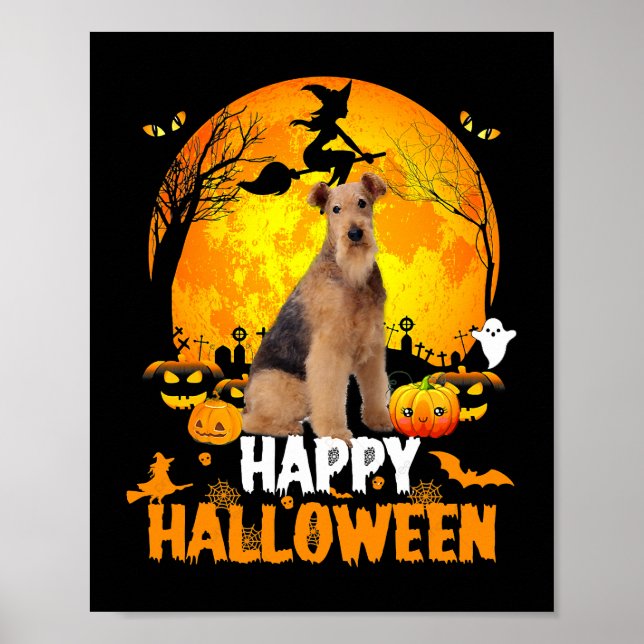 Póster Airedale Dog Feliz Día de Halloween con la luna y (Frente)