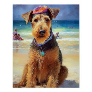 Póster Airedale on Beach, regalo de verano para los amant