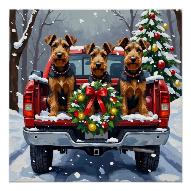 Póster Airedale Terrier Navidad Camión Rojo Fiesta (Anverso)