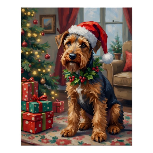 Póster Airedale Terrier Santa Hat Christmas Fun Art (Anverso)