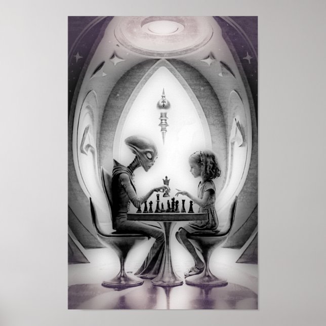 Póster Ajedrez intergaláctico: Alienígena vs Chica (Frente)