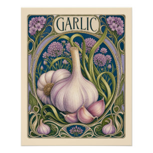 Póster Ajo Vintage Estilo Art Nouveau para Arte de Cocina