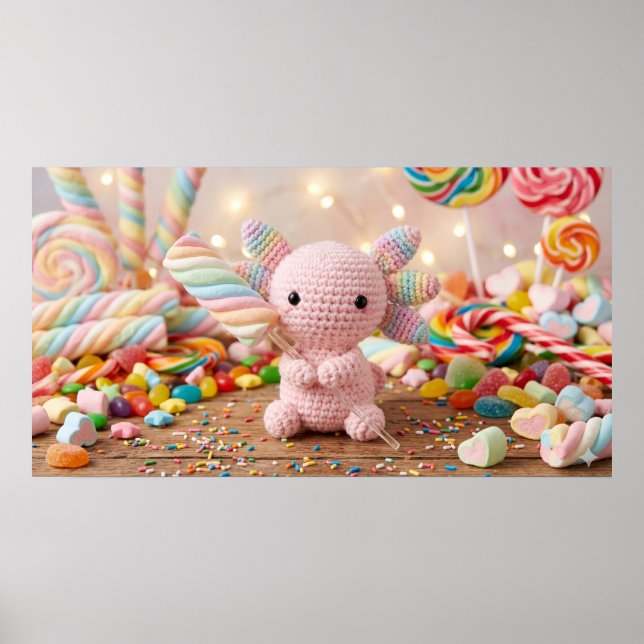 Póster Ajolote rosa ganchillo Caramelo Pastel  (Frente)