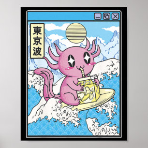 Póster Ajolote Surfista Bebiendo Leche de Nana Kawaii Ani