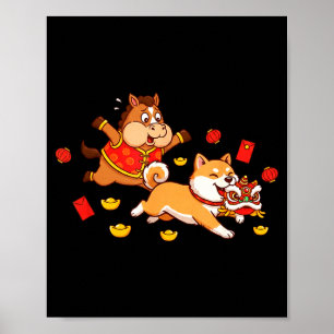 Póster Akita de Caballo Chino Divertido Niños Hombres Muj