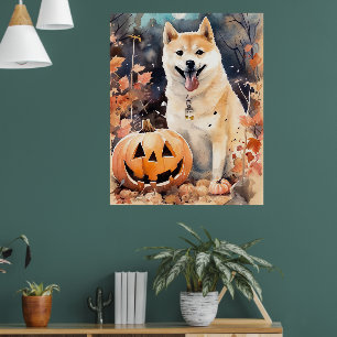 Póster Akita de Halloween con Calabazas Espeluznante