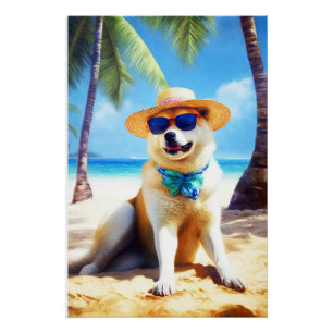 Póster Akita en la playa, regalo de verano para los amant