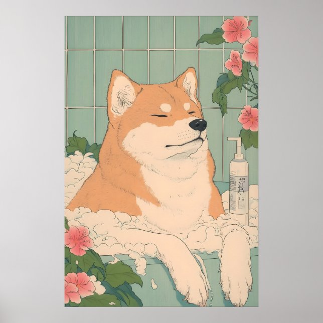 Póster Akita Inu Bathroom Print Funny Dog in Bathtub (Frente)