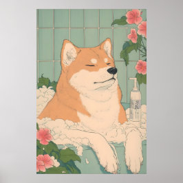 Póster Akita Inu Bathroom Print Funny Dog in Bathtub in