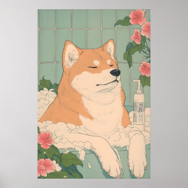 Póster Akita Inu Bathroom Print Funny Dog in Bathtub in (Frente)