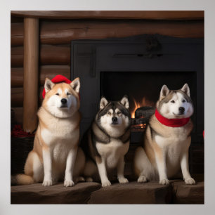 Póster Akita junto a la chimenea Navidad