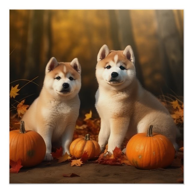 Póster Akita Puppy Calabaza deslumbrante de otoño (Anverso)
