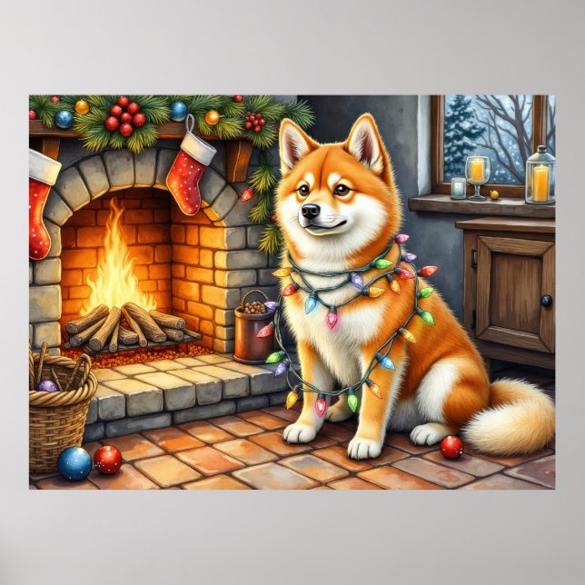 Póster Akita Sitting by Fireplace with Christmas Lights (Frente)