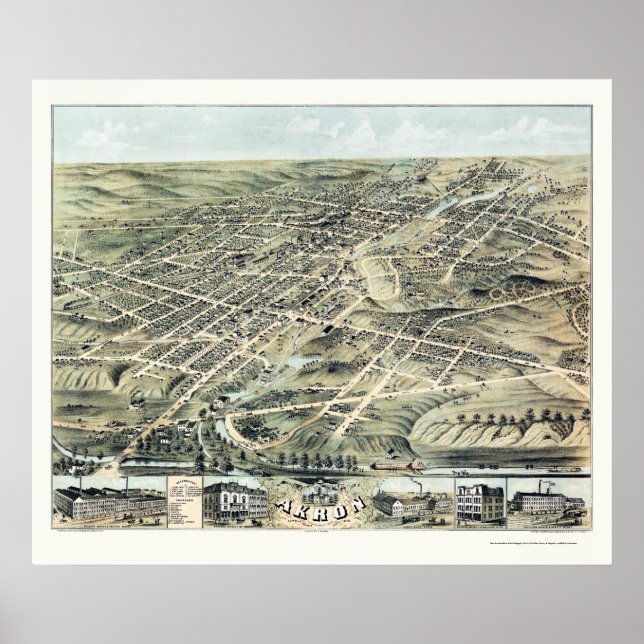 Póster Akron, OH Mapa Panorámico - 1870 (Frente)