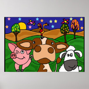 Póster AL-Barnyard Animals Folk Art Poster